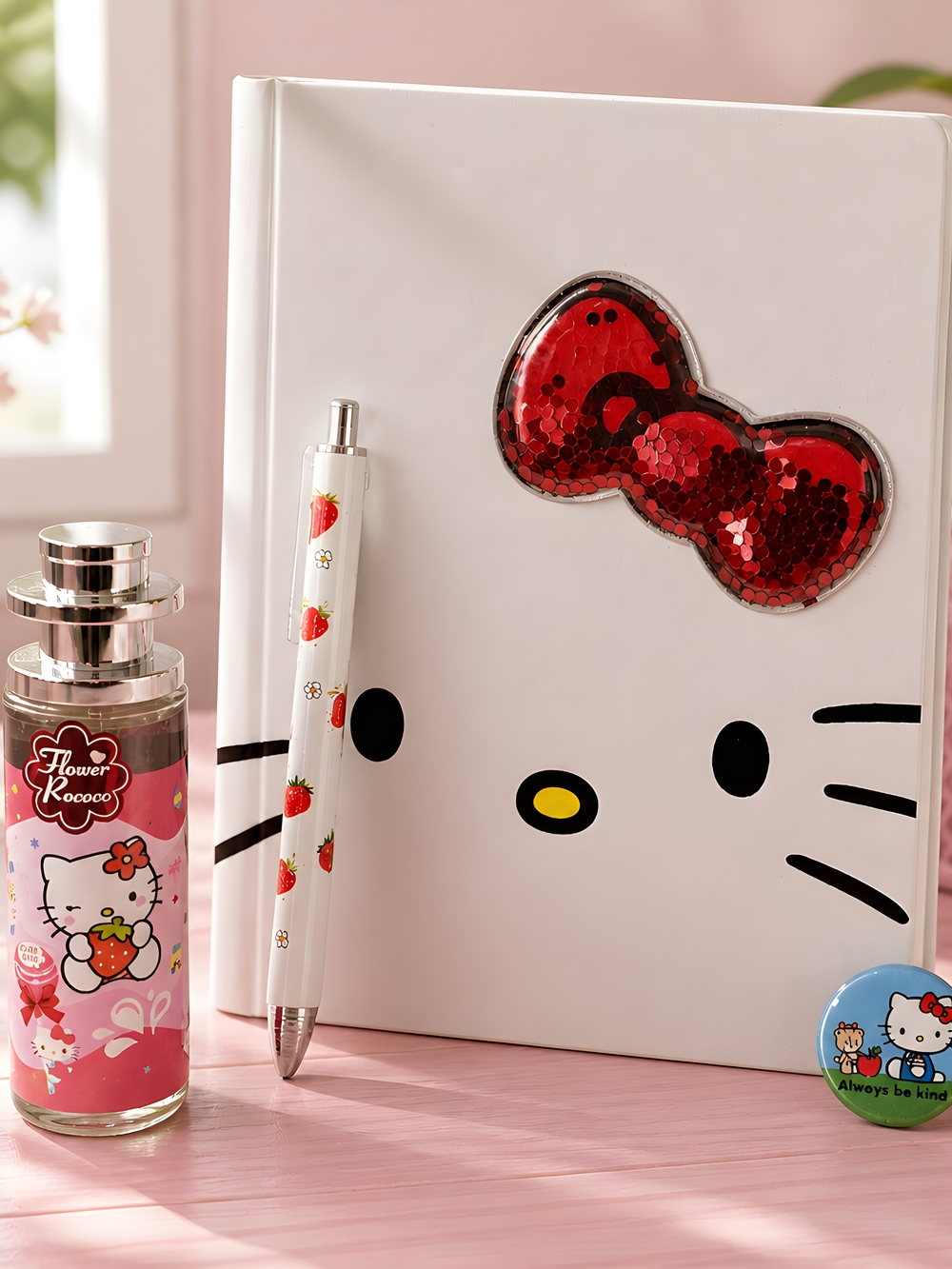 Hello Kitty White Notebook with Red Sequin Bow,  Strawberry Pen, Scent, Pin-4 Pc